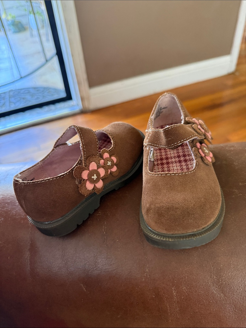 Circo Brown Suede Mary Jane Shoes with Pink Flower Accents